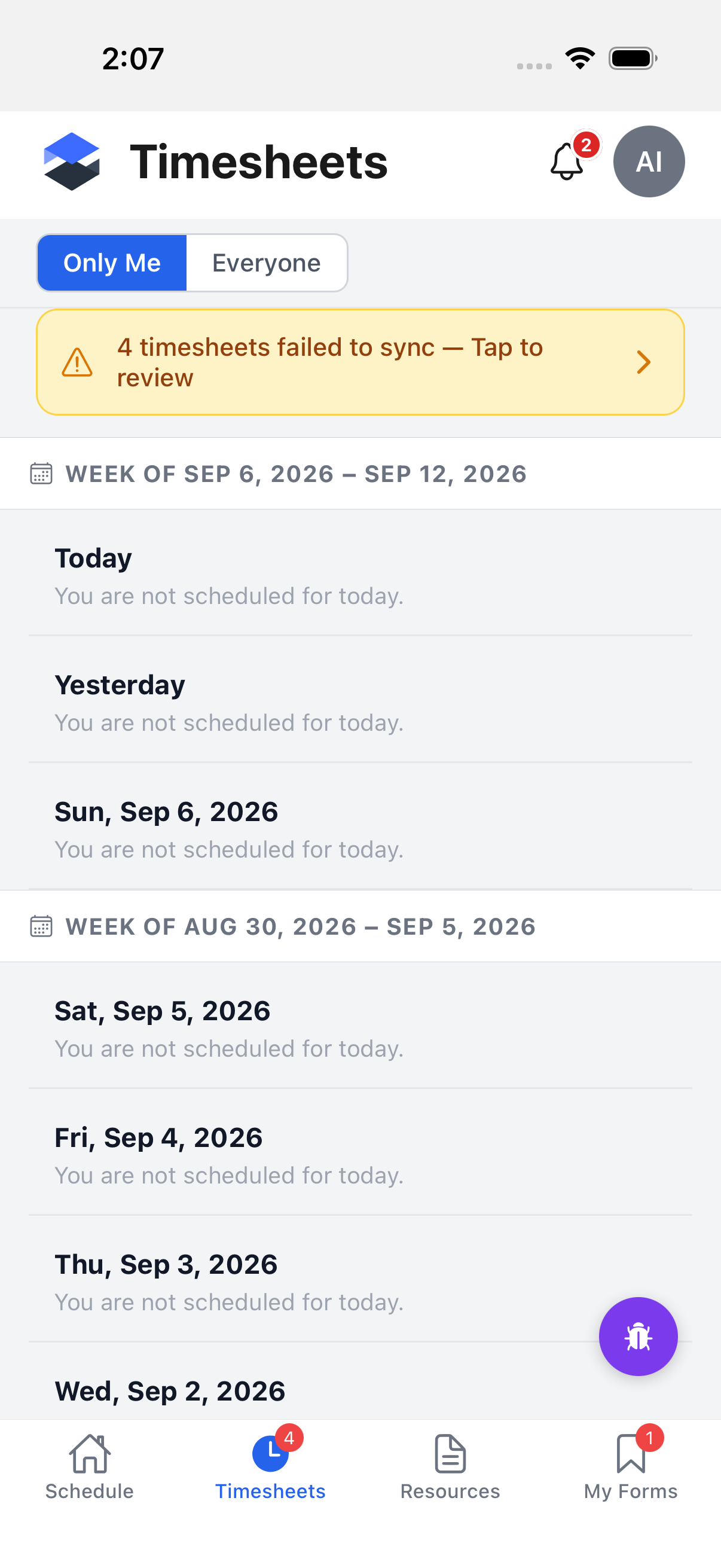 Timesheets tab: week header, Only Me/Everyone toggle, empty day rows, the "failed to sync" banner, and the red tab badge