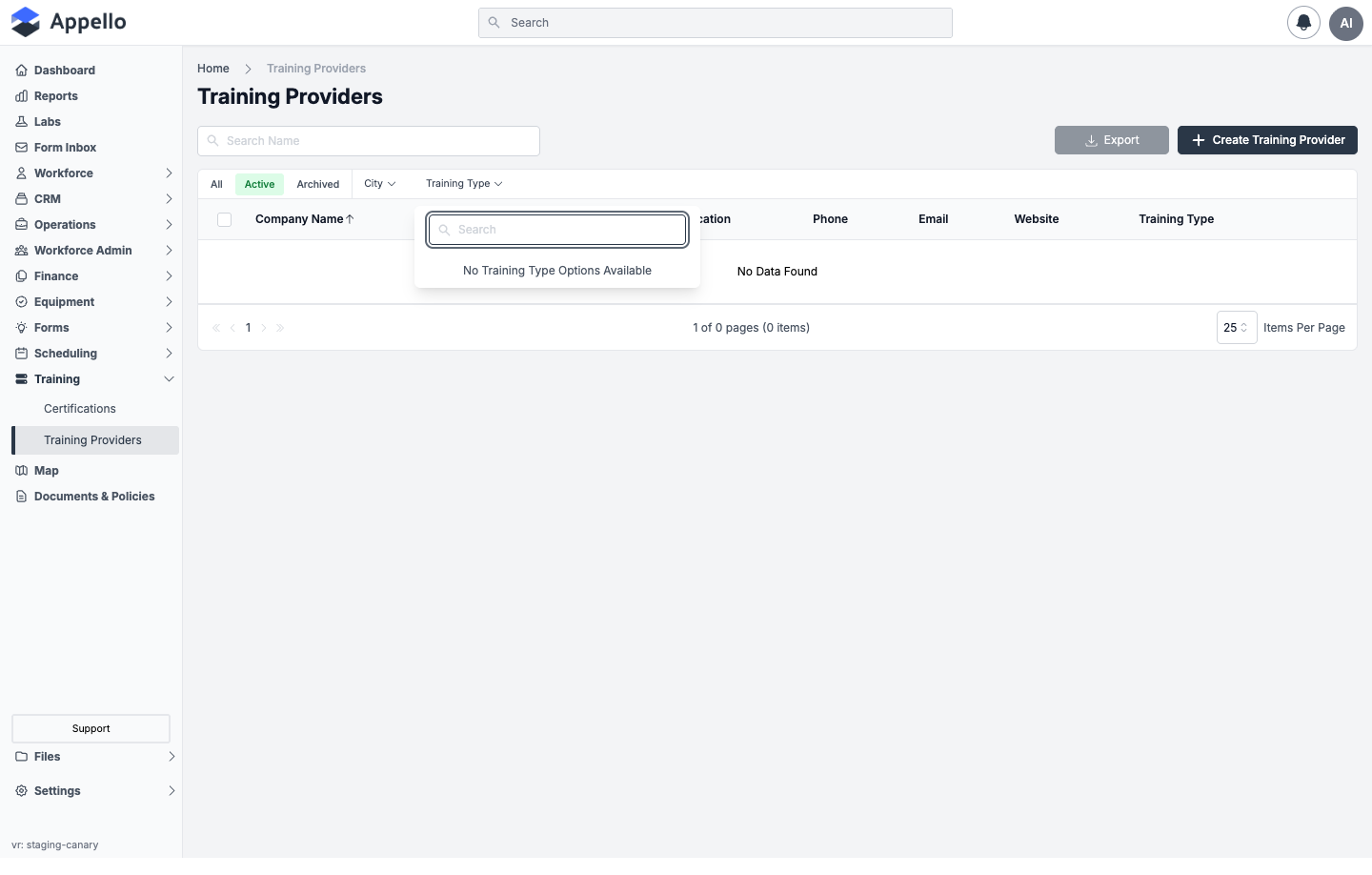 City and Training Type filter dropdowns open on the Training Providers list -- both show no options because this demo instance has no providers configured