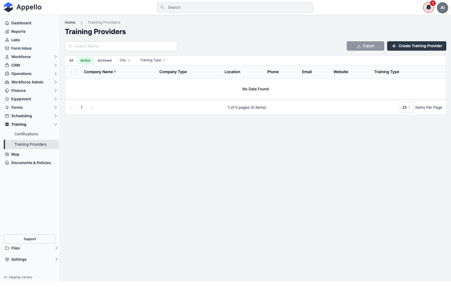 Training Providers list -- Company Name, Company Type, Location, Phone, Email, Website, and Training Type columns, with no providers configured on this demo instance