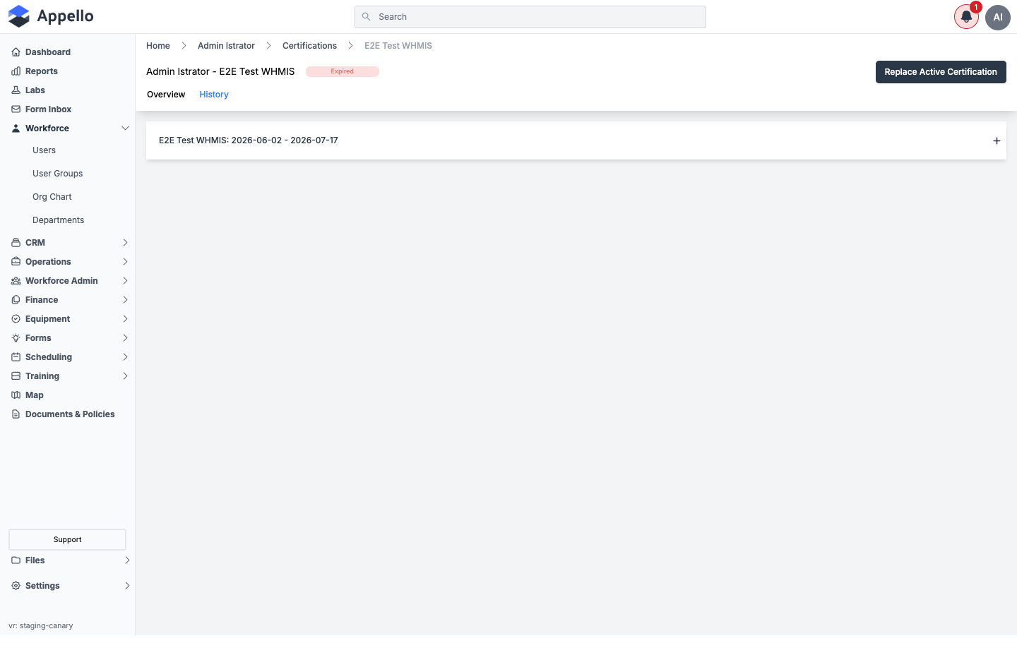 History tab on a user certification record, listing a past certification period as a collapsible row with an expand control