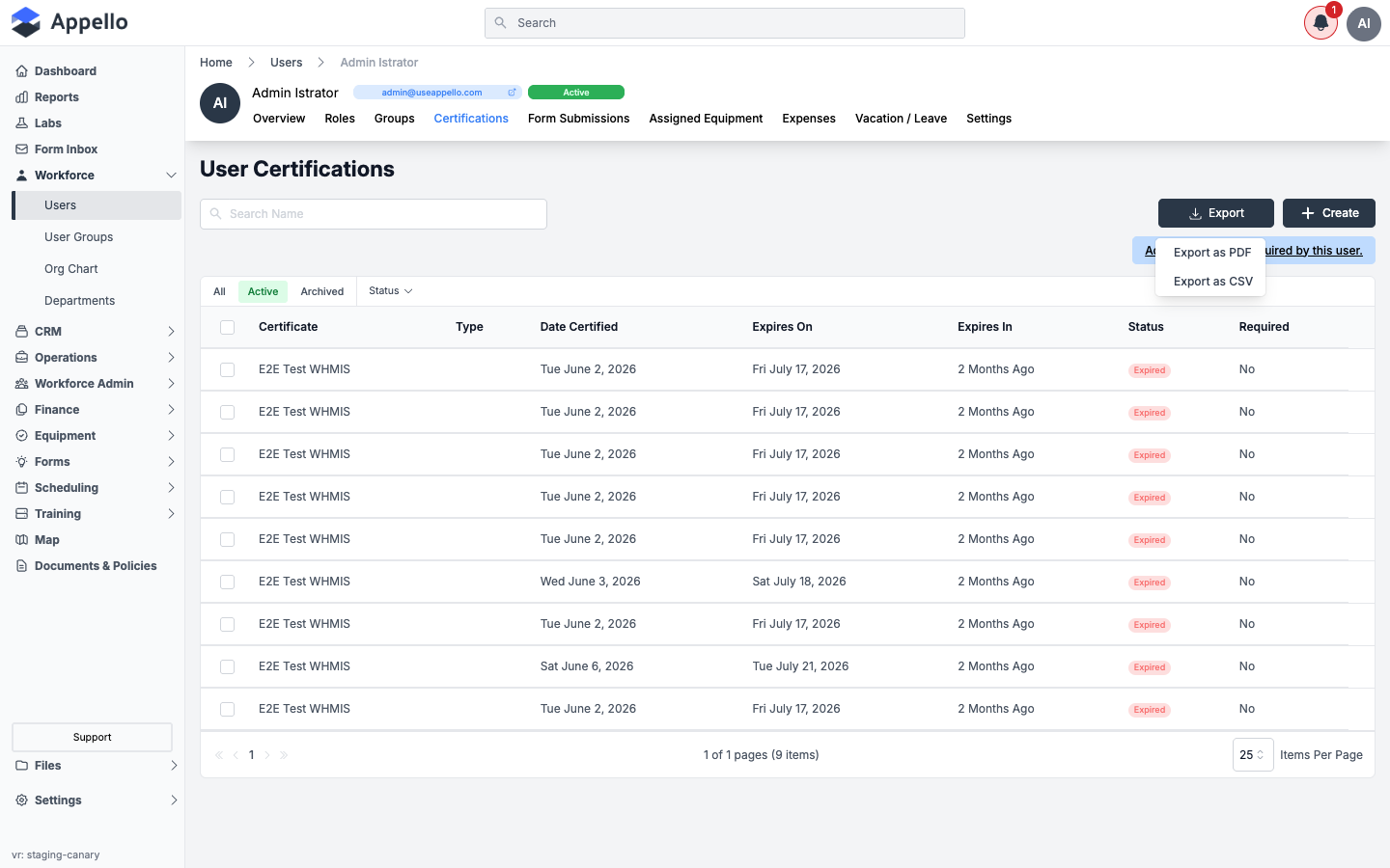 Export dropdown on a worker's Certifications tab, showing Export as PDF and Export as CSV options