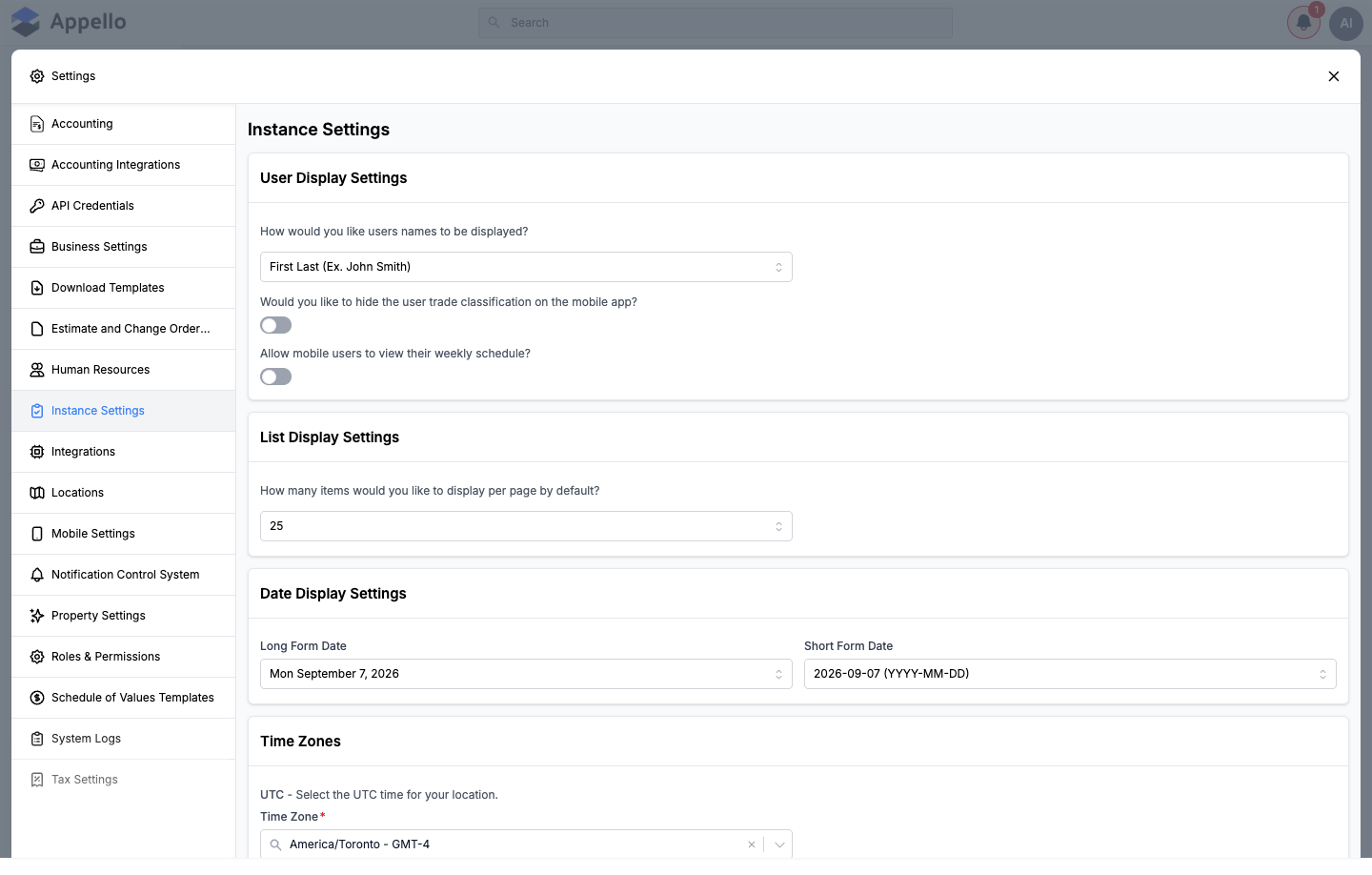 Instance Settings — User Display, List Display, Date Display, and Time Zones cards at the top of the panel
