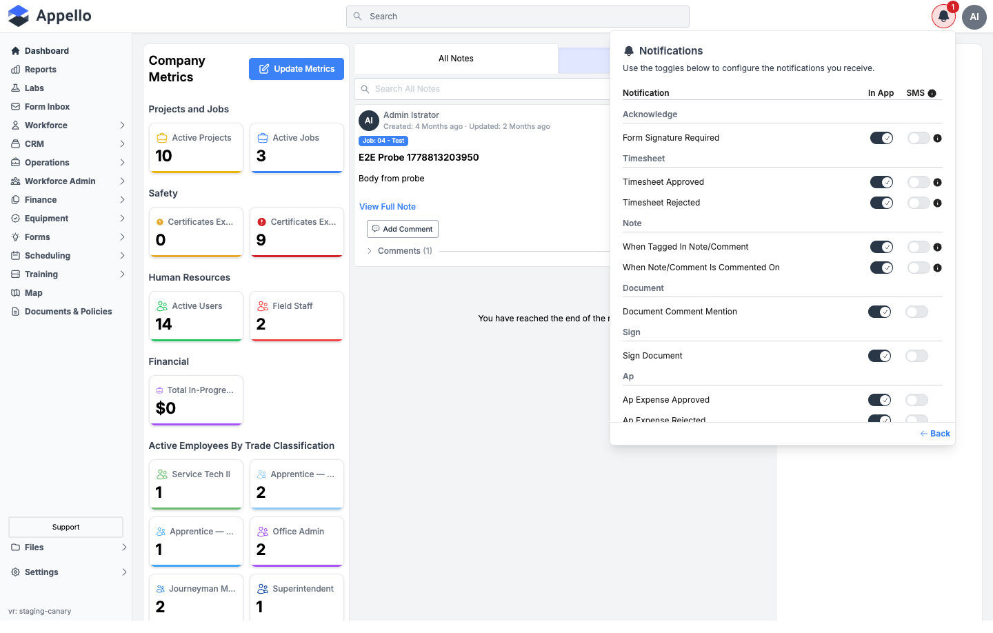A user's own Notification Preferences panel, opened from the notification bell icon, showing In App / SMS toggle columns for Timesheet Rejected and other types