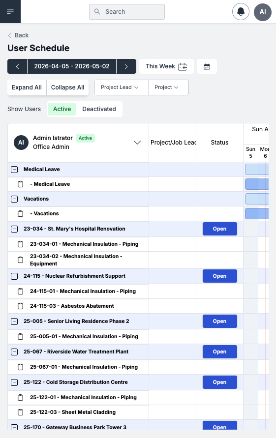 User Schedule — worker-centric view with project rows, job assignments, and schedule blocks per day