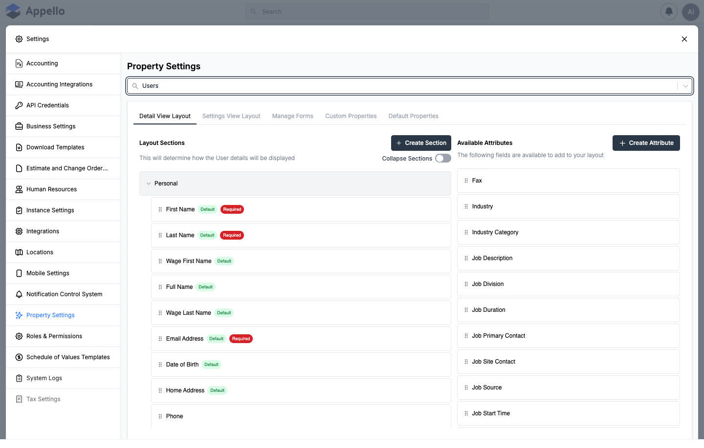 Users Detail View Layout tab showing the Personal section