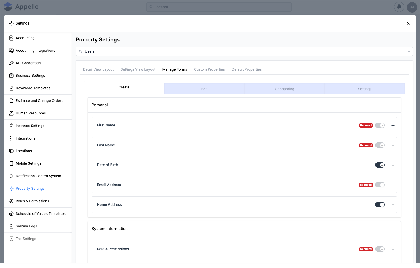 Users Manage Forms tab with Create, Edit, Onboarding, and Settings sub-tabs