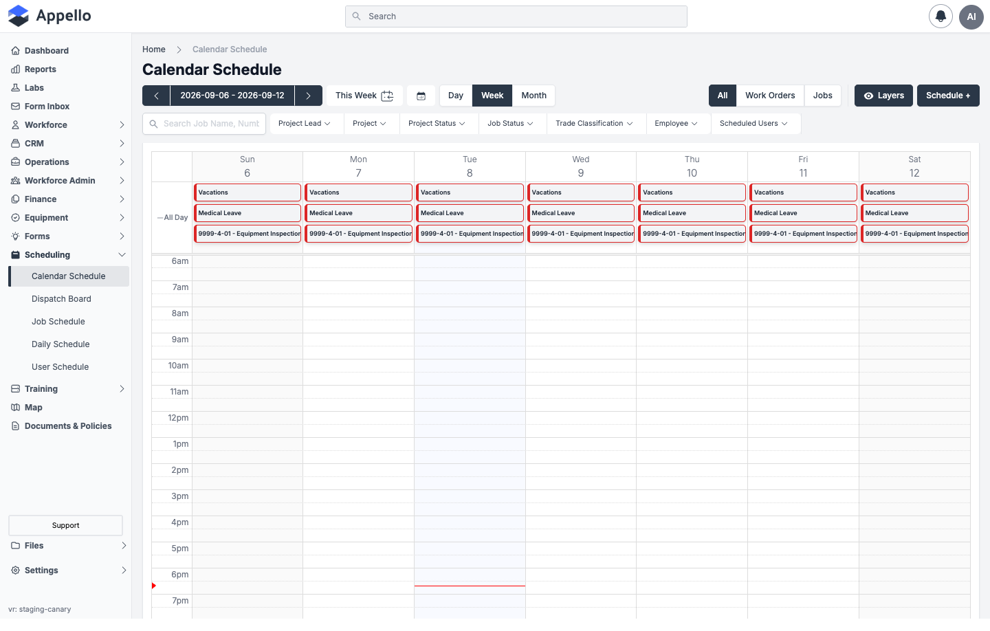 Calendar Schedule — Week view for an empty demo week, with the classification toggle, filter bar, Layers, and Schedule + buttons across the top