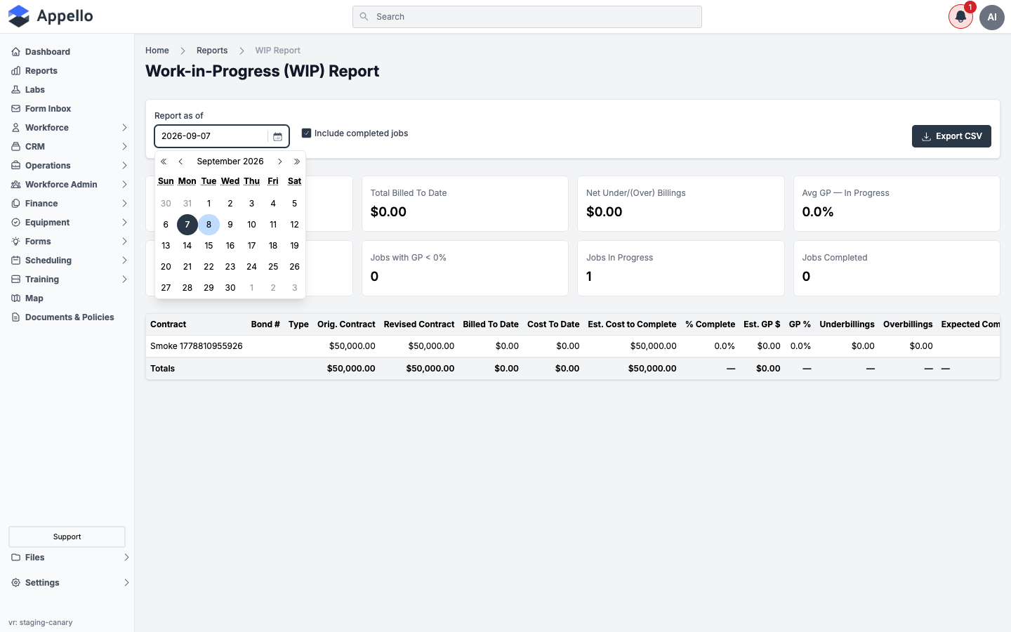 WIP Report — Report as of date picker open