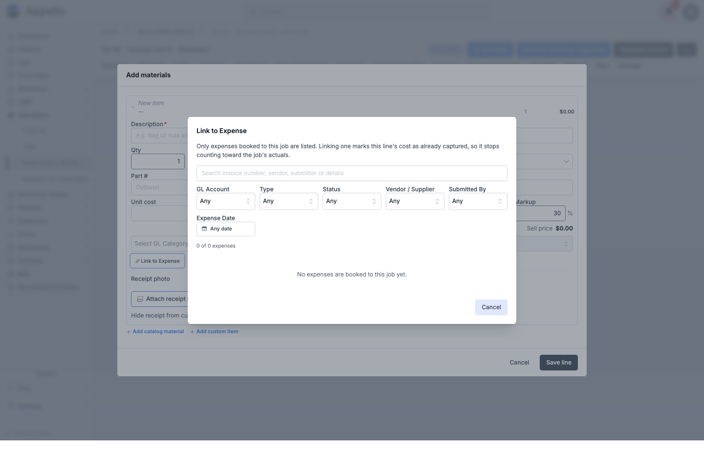 Link to Expense picker, opened from a custom Work Order material line — filters for GL Account, Type, Status, Vendor/Supplier, Submitted By, and Expense Date; shown empty on the demo instance (no expenses booked to this job yet)