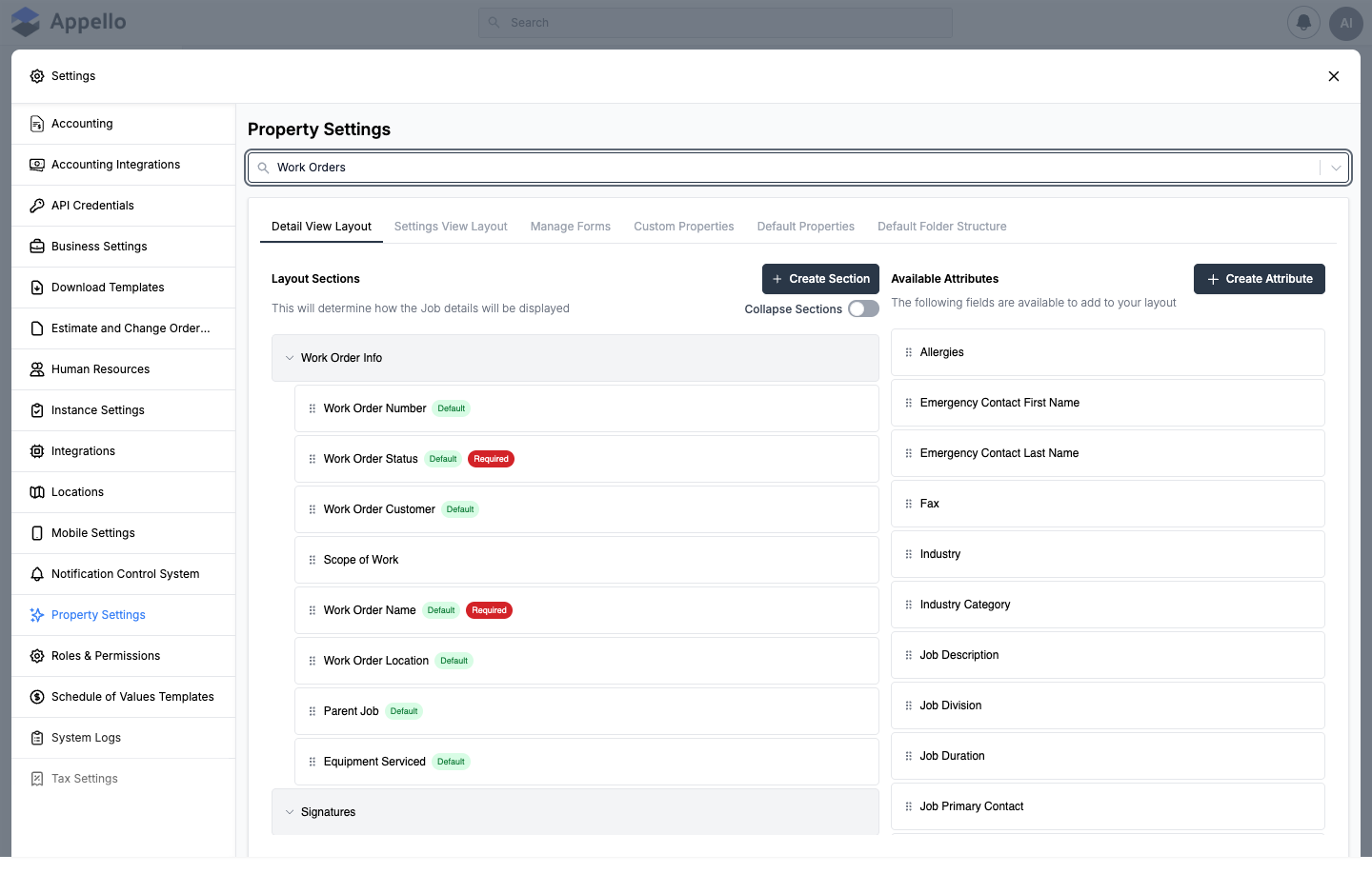 Work Orders Detail View Layout tab showing Work Order Info and Signatures sections