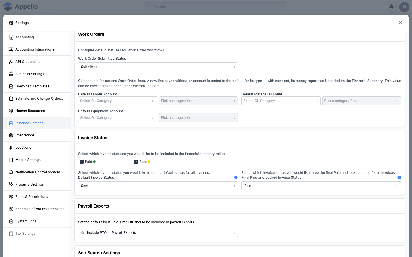 Work Orders GL account defaults, Invoice Status, and Payroll Exports cards